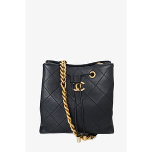 Pre-Loved Chanel™ 2021 Black Quilted Caviar CC Drawstring Handle Bucket Bag
